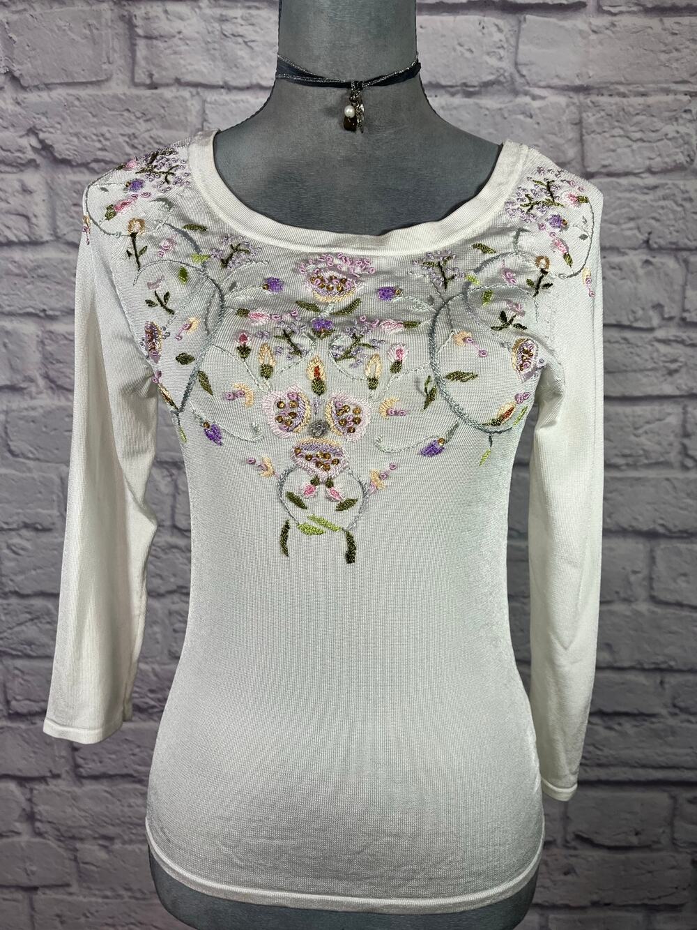 Vintage Y2K Belldini Grandma Chic Floral Emroidered & French Knot Woven Blouse - Picture 1 of 9